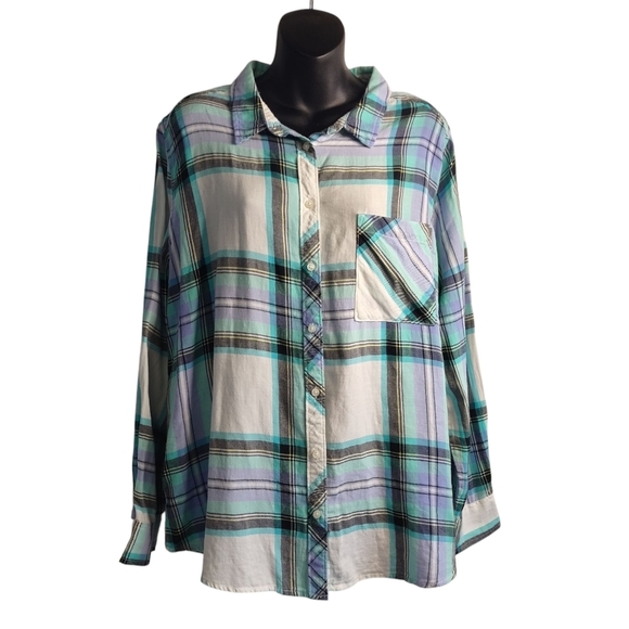 Arizona Jean Co Women's Green White Plaid Button Down Cotton Shirt Size XL - Picture 1 of 6